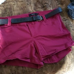 Dark red belted sateen shorts